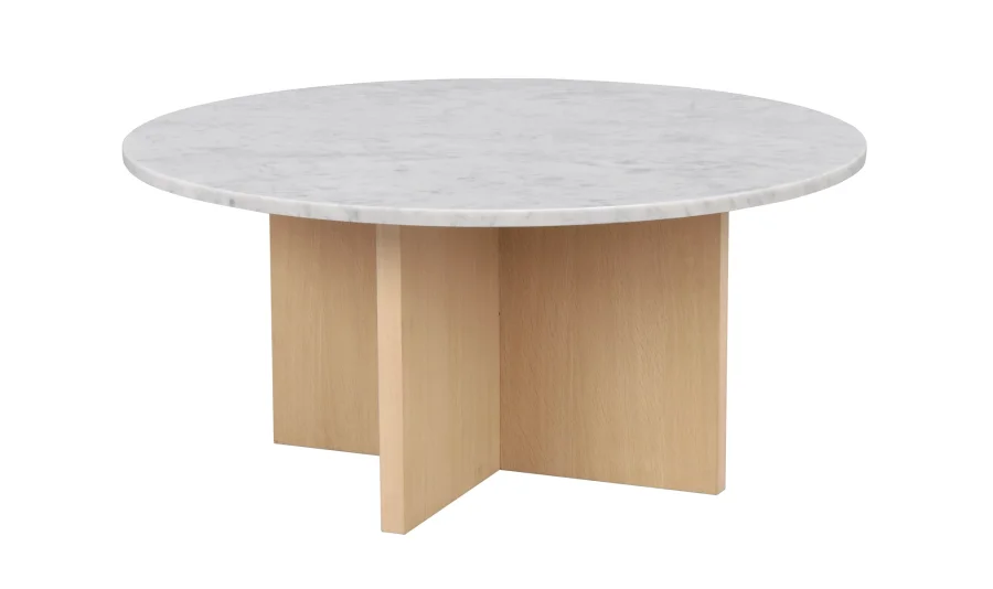 ROWICO Brooksville sofabord, rund - hvid marmor og hvidpigmenteret egefinér (90)