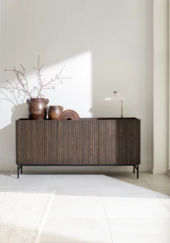 ROWICO Halifax skjenk, m. 3 drer og 3 hyller - brun eikefiner og sort metall