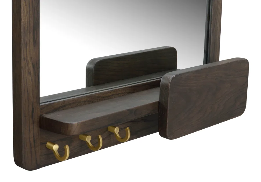 ROWICO Inverness vgspejl, m. 3 kroge og 1 hylde - spejlglas og brun eg (60x45)