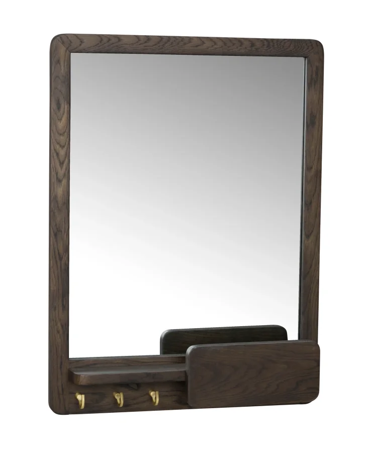 ROWICO Inverness vgspejl, m. 3 kroge og 1 hylde - spejlglas og brun eg (60x45)