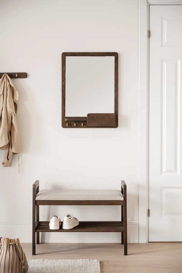 ROWICO Inverness vgspejl, m. 3 kroge og 1 hylde - spejlglas og brun eg (60x45)