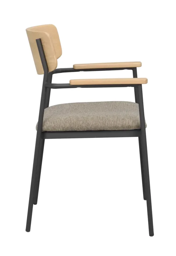 ROWICO Maymont spisebordstol, m. armlen, stables - mrk beige stoff, naturlig eik og svart metall