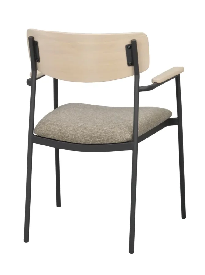 ROWICO Maymont spisebordstol, m. armlen, stablebar - mrk beige stoff/hvitpigmentert eik/svart metall