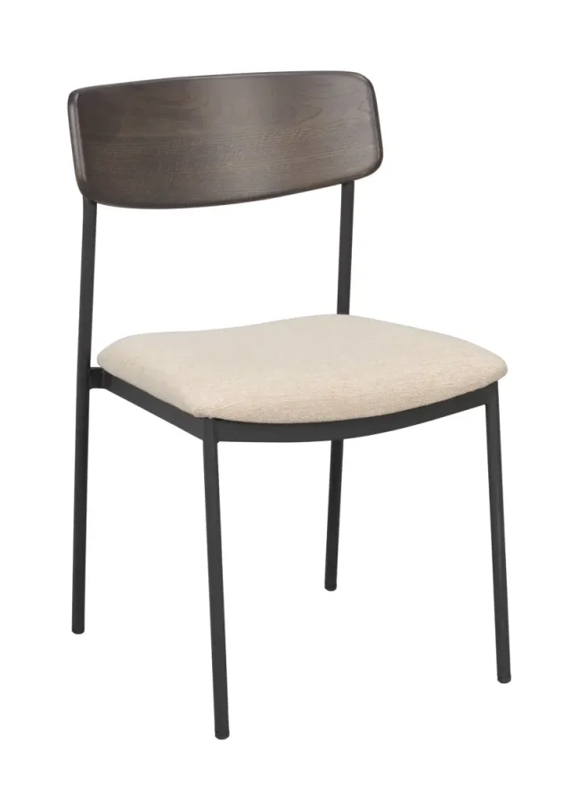 ROWICO Maymont spisestuestol, stablebar - lys beige stoff, brun eik og svart metall