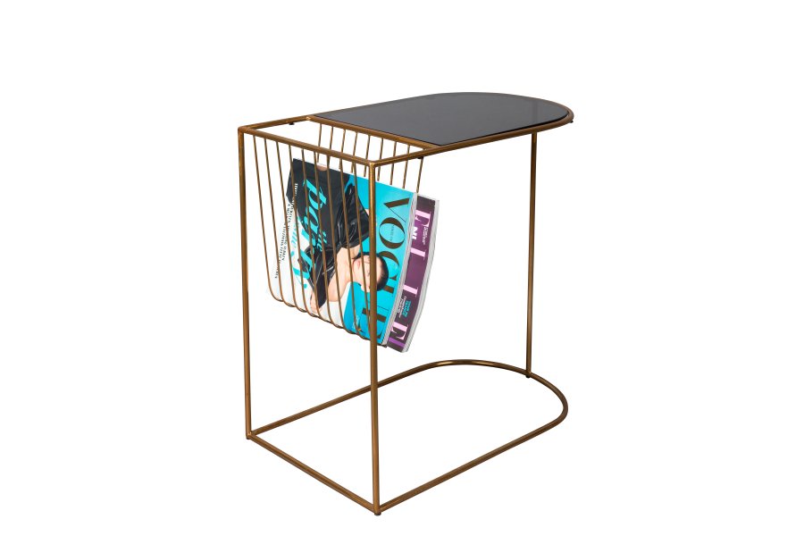DUTCHBONE Eileen Beistelltisch mit Zeitschriftenhalter – Rauchglas und Goldstahl (51x32)