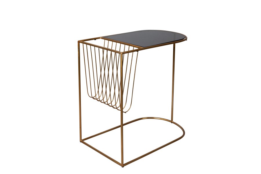 DUTCHBONE Eileen Beistelltisch mit Zeitschriftenhalter – Rauchglas und Goldstahl (51x32)