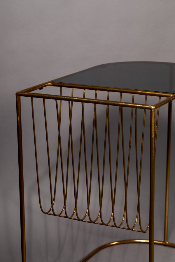 DUTCHBONE Eileen Beistelltisch mit Zeitschriftenhalter – Rauchglas und Goldstahl (51x32)