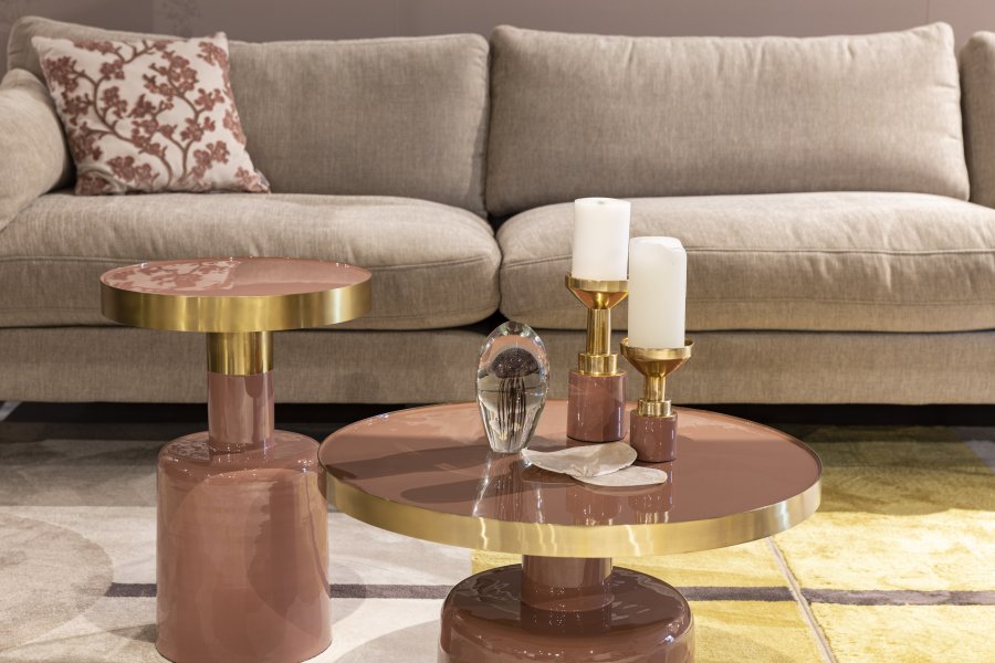 ZUIVER Glam sidebord, rundt - gullstl og rosa emaljejern (36) 