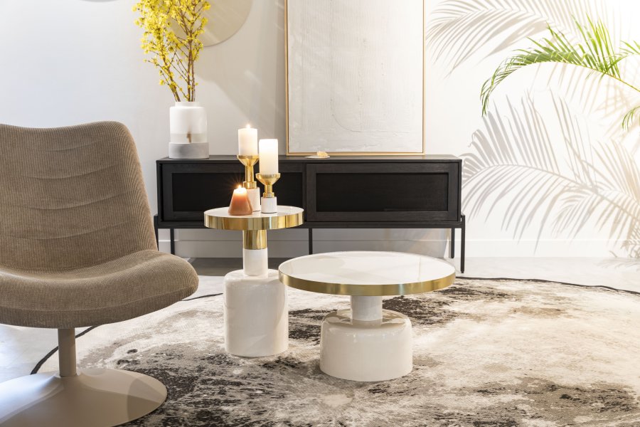 ZUIVER Glam sidebord, rundt - gullstl og hvitt emaljejern (36)