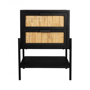 DUTCHBONE Yasu sengebord, m. 1 hylde og 2 skuffer - natur rattan og sort tr/jern (45x35)