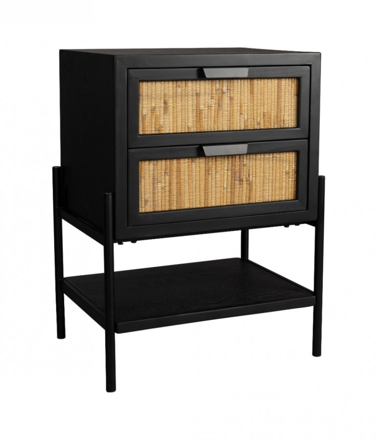 DUTCHBONE Yasu nattbord, m. 1 hylle og 2 skuffer - naturlig rotting og svart tre/jern (45x35)