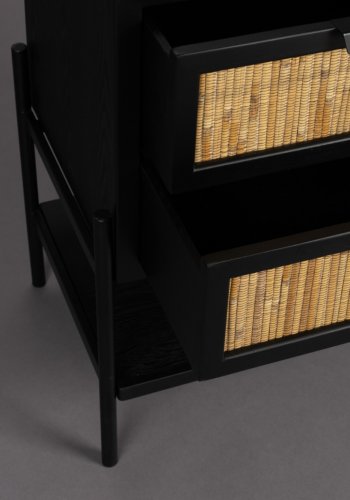 DUTCHBONE Yasu nattbord, m. 1 hylle og 2 skuffer - naturlig rotting og svart tre/jern (45x35)