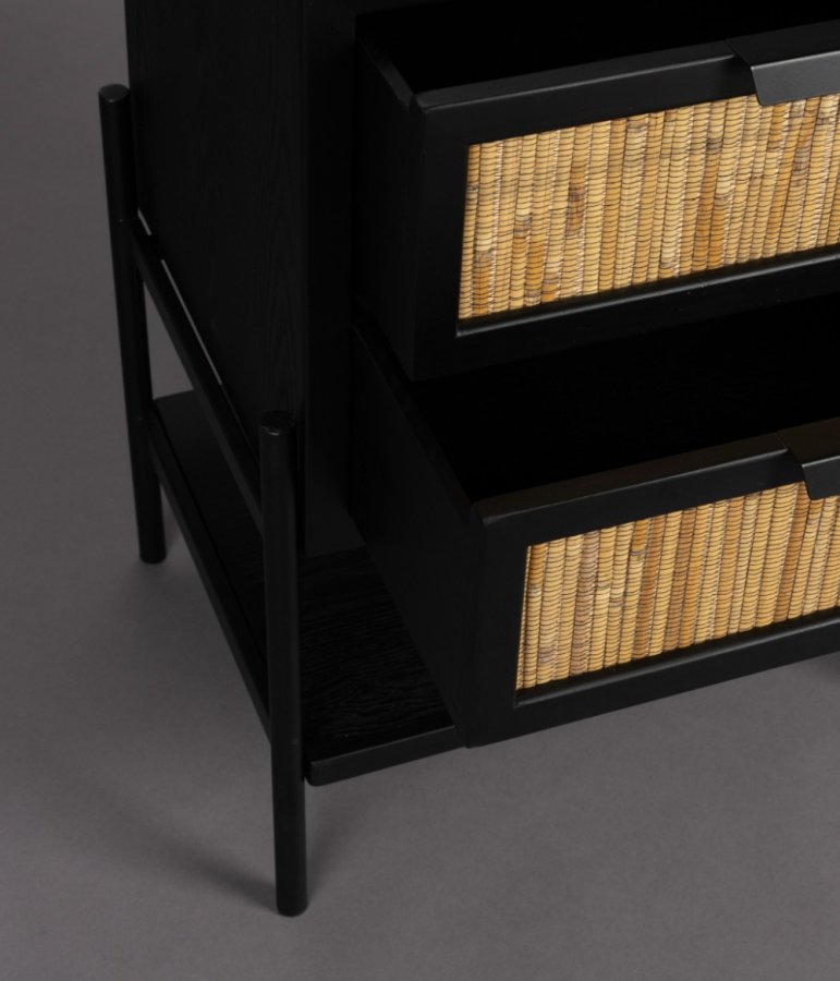 DUTCHBONE Yasu nattbord, m. 1 hylle og 2 skuffer - naturlig rotting og svart tre/jern (45x35)