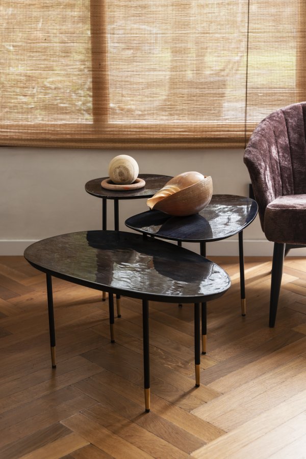 DUTCHBONE Phyllis sidebord, kologisk - svart mangotre og svart jern (sett med 3)