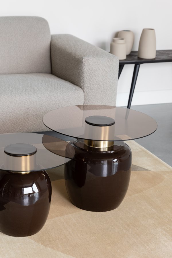 WHITE LABEL LIVING Mohra L sidebord, rundt - rkt glass og brun emalje (59)