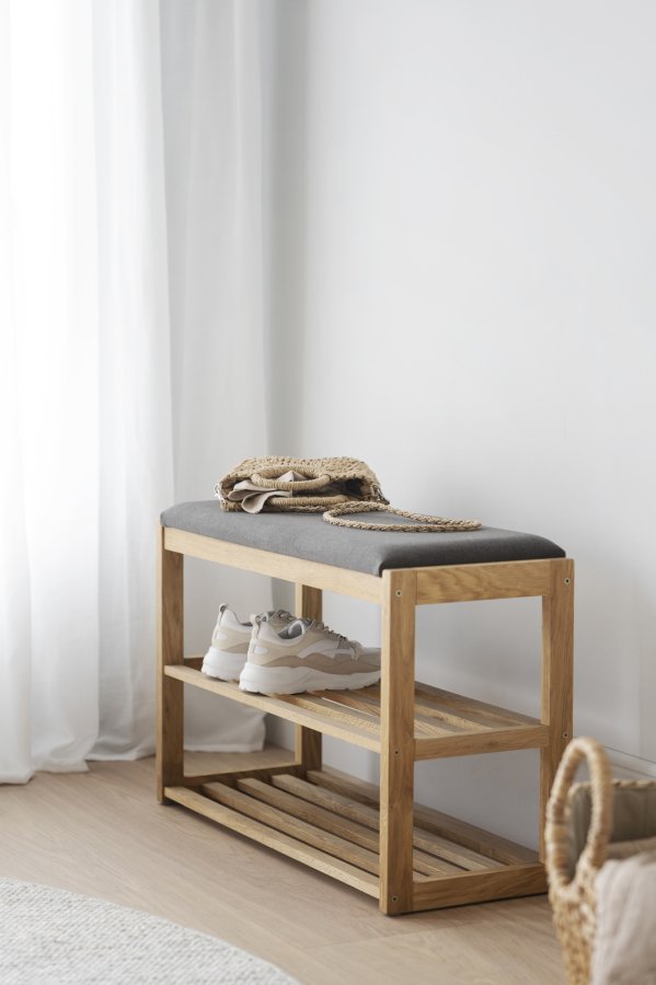 ROWICO Confetti bnk med skohylder - mrkegr stof og natur eg (80x30)