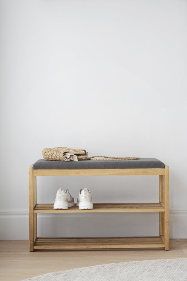 ROWICO Confetti bnk med skohylder - mrkegr stof og natur eg (80x30)