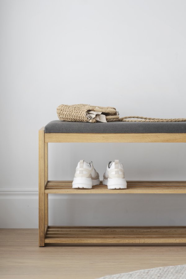 ROWICO Confetti bnk med skohylder - mrkegr stof og natur eg (80x30)