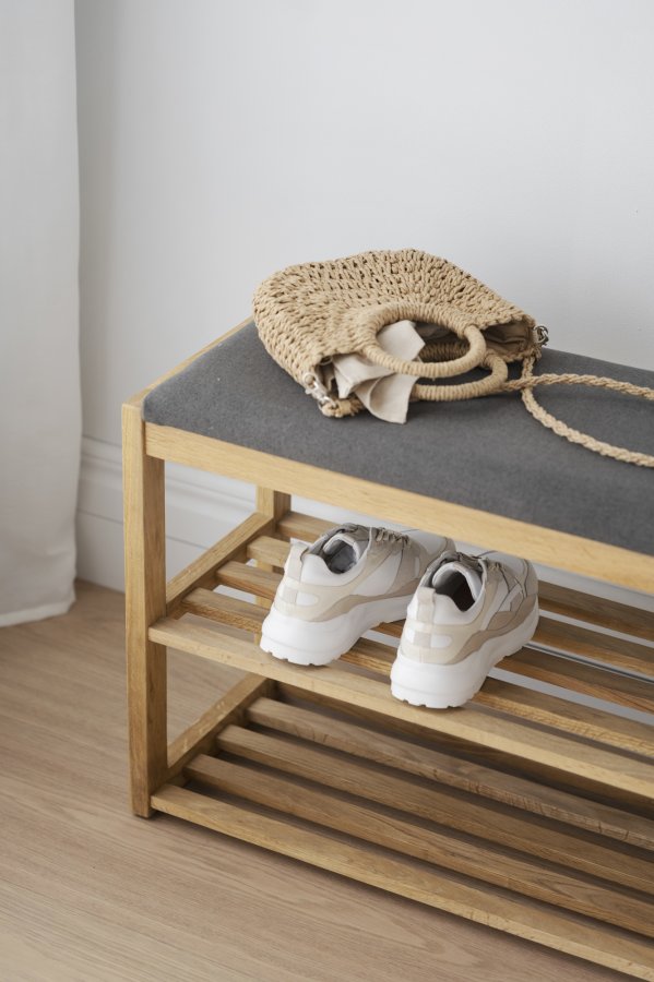 ROWICO Confetti bnk med skohylder - mrkegr stof og natur eg (80x30)