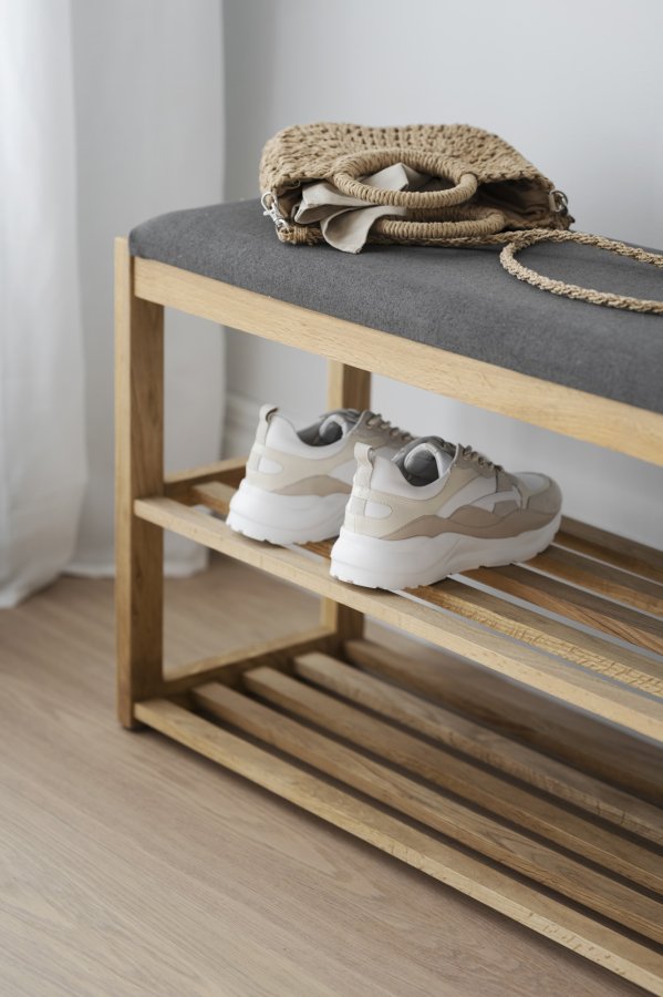 ROWICO Confetti bnk med skohylder - mrkegr stof og natur eg (80x30)