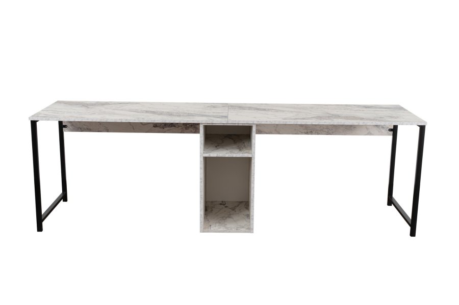 NORDVRK Twin dobbelt skrivebord, m. 2 rom - Fressia marmor melamin og svart metall (240x60)