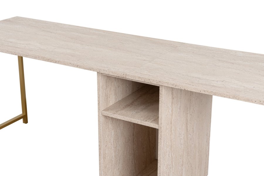 NORDVÄRK Twin dobbelt skrivebord, m. 2 rum - travertin melamin og guld metal (240x60)