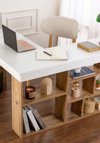 NORDVRK Vesper hjrneskrivebord, med 5 hyller - hvit og atlantisk furu melamin (130x50)