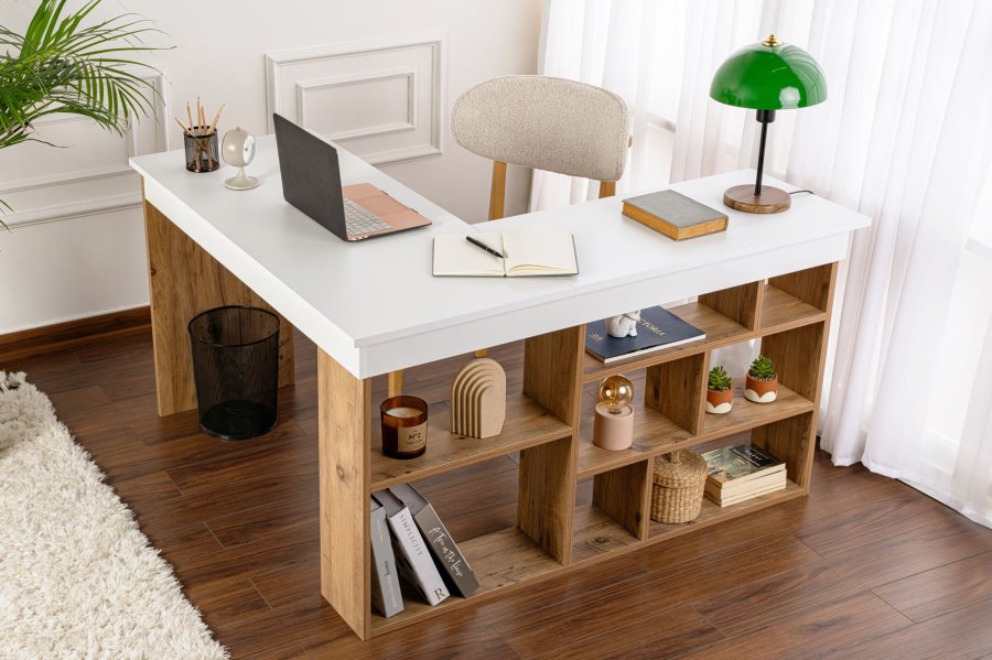 NORDVRK Vesper hjrneskrivebord, med 5 hyller - hvit og atlantisk furu melamin (130x50)