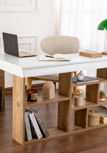 NORDVRK Vesper hjrneskrivebord, med 5 hyller - hvit og atlantisk furu melamin (130x50)