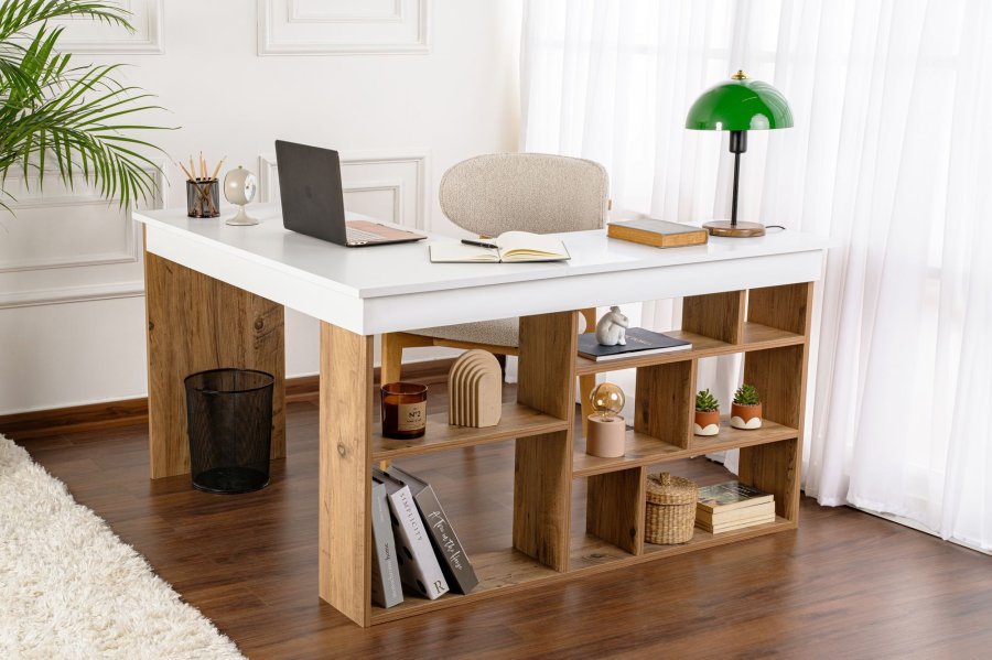 NORDVRK Vesper hjrneskrivebord, med 5 hyller - hvit og atlantisk furu melamin (130x50)