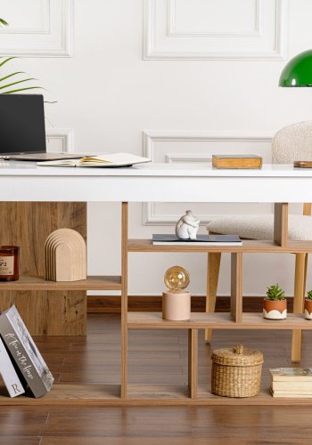 NORDVRK Vesper hjrneskrivebord, med 5 hyller - hvit og atlantisk furu melamin (130x50)