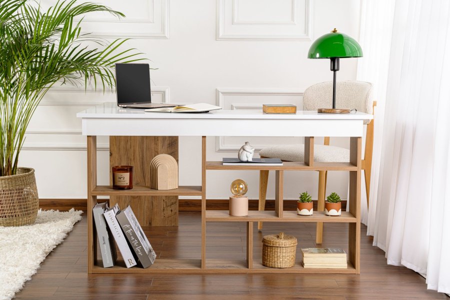 NORDVRK Vesper hjrneskrivebord, med 5 hyller - hvit og atlantisk furu melamin (130x50)