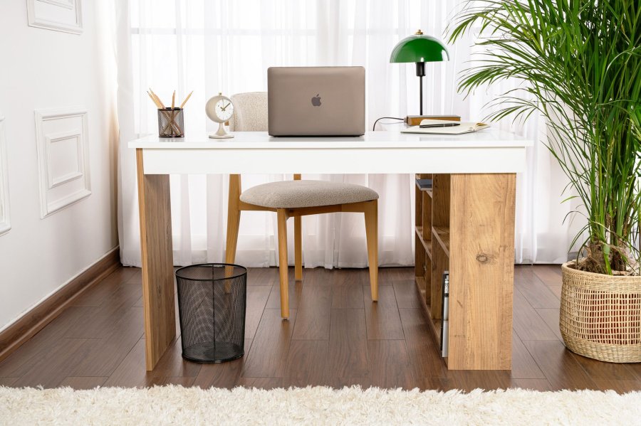 NORDVRK Vesper hjrneskrivebord, med 5 hyller - hvit og atlantisk furu melamin (130x50)