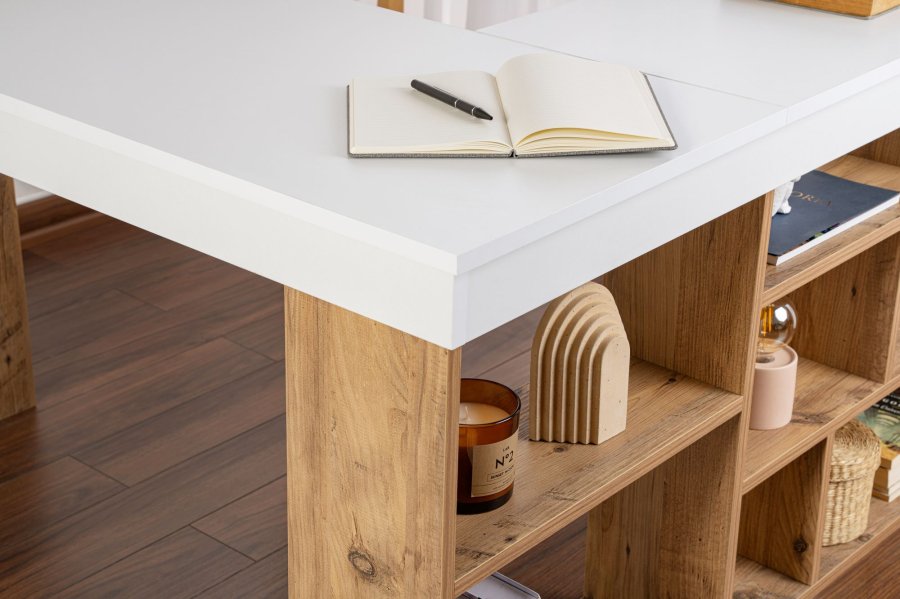 NORDVRK Vesper hjrneskrivebord, med 5 hyller - hvit og atlantisk furu melamin (130x50)