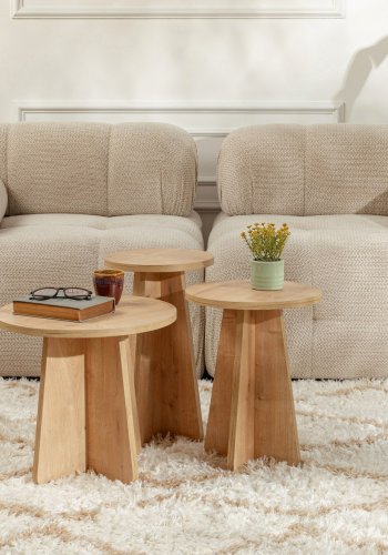 NORDVRK Lume salongbord, rundt - safir eik melamin (sett med 3)