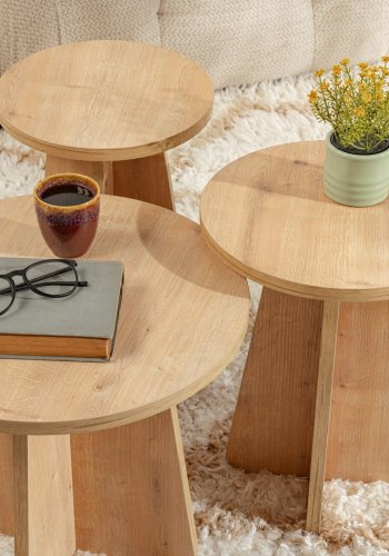 NORDVRK Lume salongbord, rundt - safir eik melamin (sett med 3)