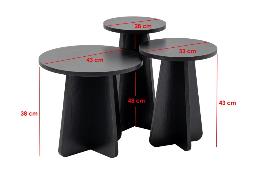 NORDVRK Lume salongbord, rundt - svart tremelamin (sett med 3)