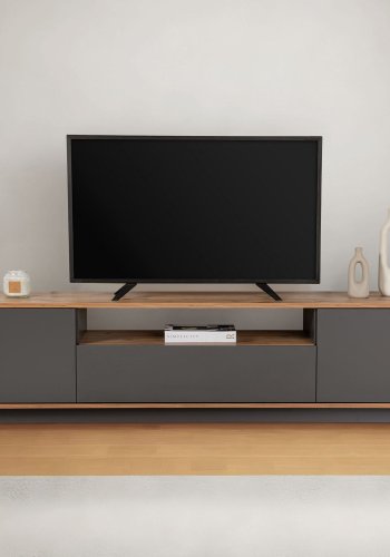 NORDVÄRK Veramont TV-bord, m. 3 lger, 1 hylde - antracit og atlantisk fyrretr melamin (180x44,5)