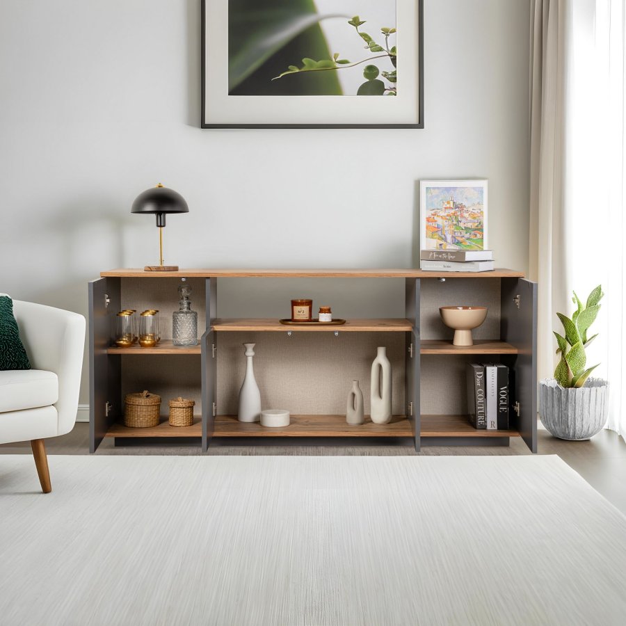 NORDVÄRK Arista konsolbord, m. 4 lger, 2 hylder - antracit og atlantisk fyrretr melamin (180x44,5)