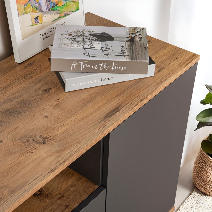 NORDVÄRK Arista konsolbord, m. 4 lger, 2 hylder - antracit og atlantisk fyrretr melamin (180x44,5)