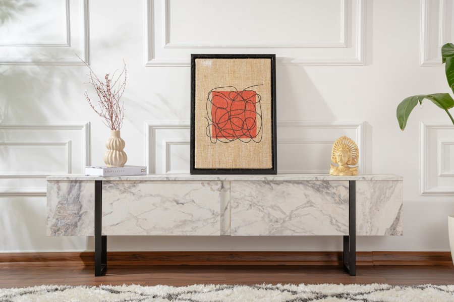 NORDVRK Serenity TV-bord, m. 2 drer - Fressia marmor melamin og svart (180x29,5)