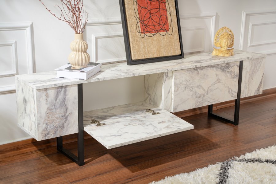 NORDVRK Serenity TV-bord, m. 2 drer - Fressia marmor melamin og svart (180x29,5)