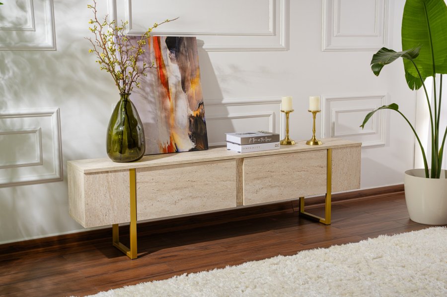 NORDVRK Serenity TV-bord, m. 2 drer - travertin melamin og gull (180x29,5)