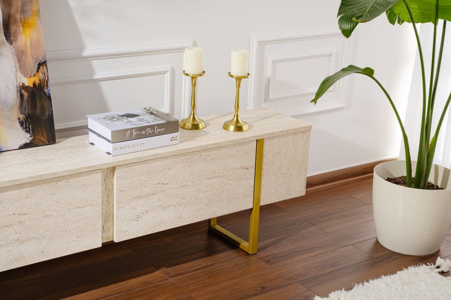 NORDVRK Serenity TV-bord, m. 2 drer - travertin melamin og gull (180x29,5)
