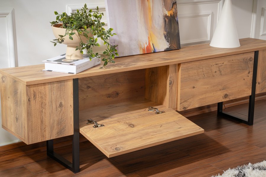 NORDVRK Serenity TV-bord, m. 2 drer - Atlantic Pine melamin og svart (180x29,5)