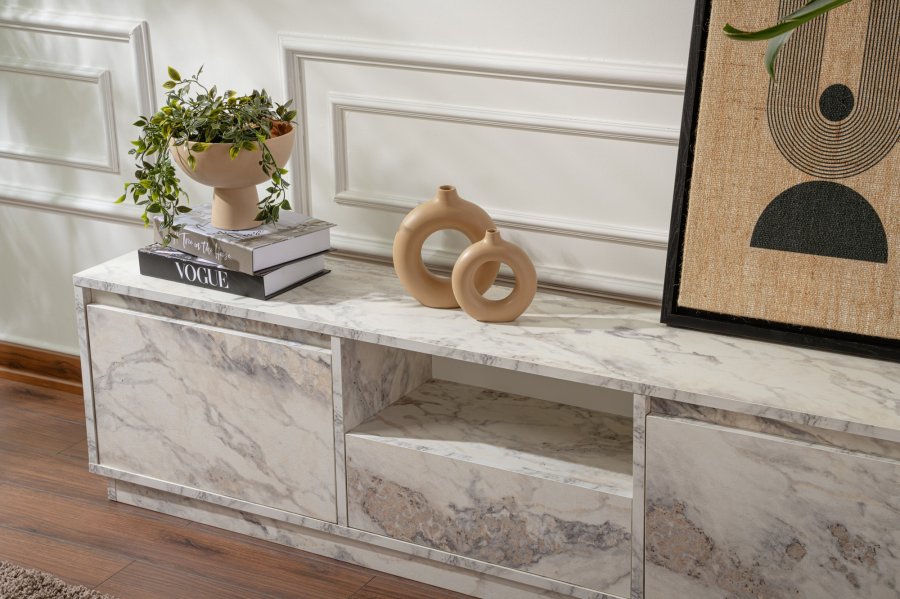 NORDVRK Vanguard TV-bord, m. 3 drer og 1 rom - Fressia marmor melamin (160x29,5)