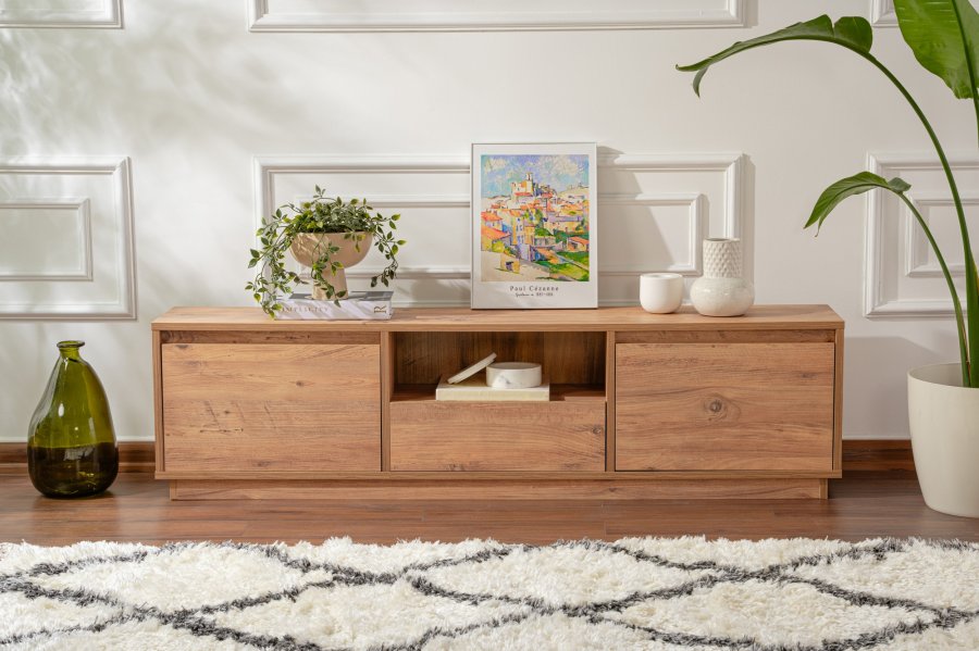 NORDVRK Vanguard TV-bord, m. 3 drer og 1 rom - Atlantic Pine melamin (160x29,5)