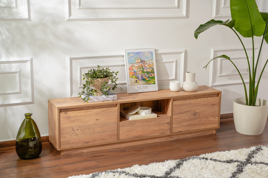 NORDVRK Vanguard TV-bord, m. 3 drer og 1 rom - Atlantic Pine melamin (160x29,5)