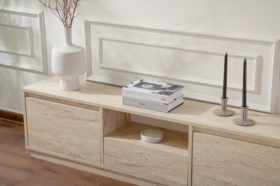 NORDVRK Vanguard TV-bord, m. 3 drer og 1 rom - travertin melamin (160x29,5)