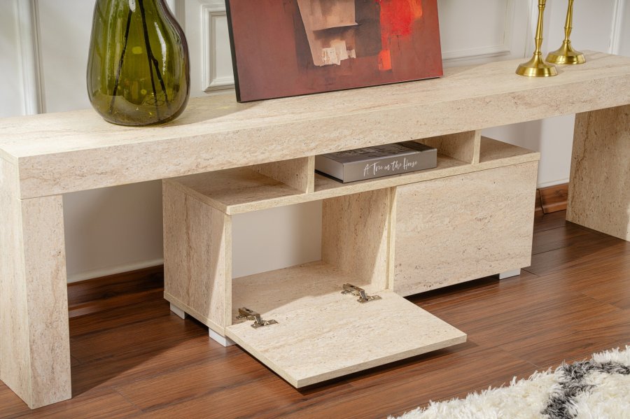 NORDVÄRK Enclave TV-bord, m. 2 låger og 3 åbne rum - travertin melamin (180x31,3)